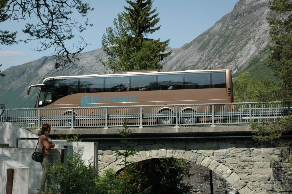 Arctic Buss på steinbro i fjellandskap