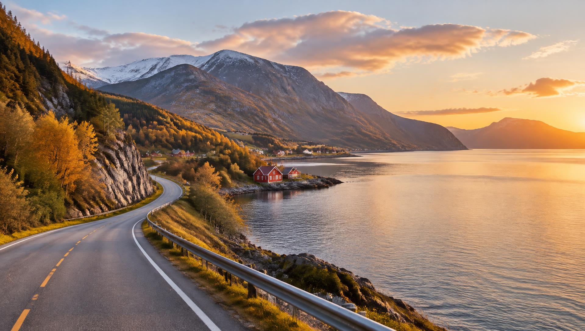 Kystvei langs fjorden i kveldssol